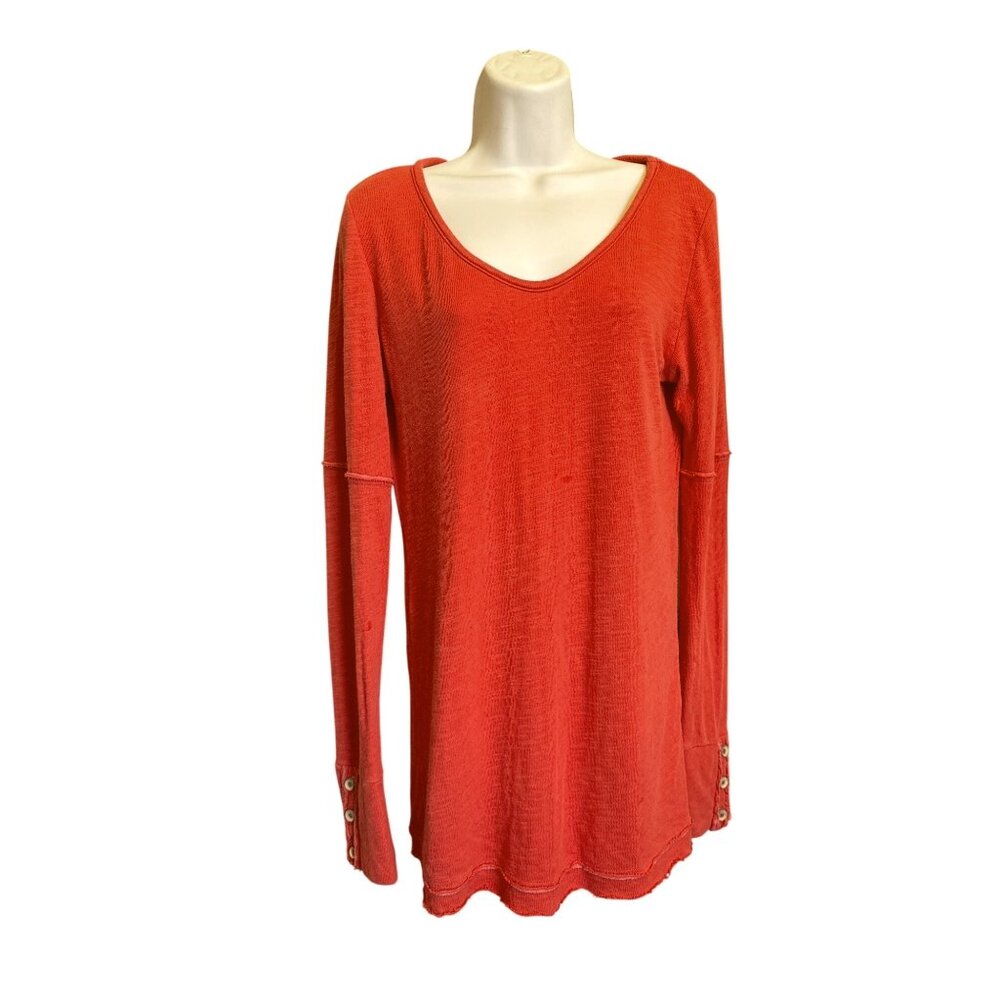 Braeve Womens M Long Sleeve Orange Rust Top Tunic V-Neck Button Cuff Raw Hem